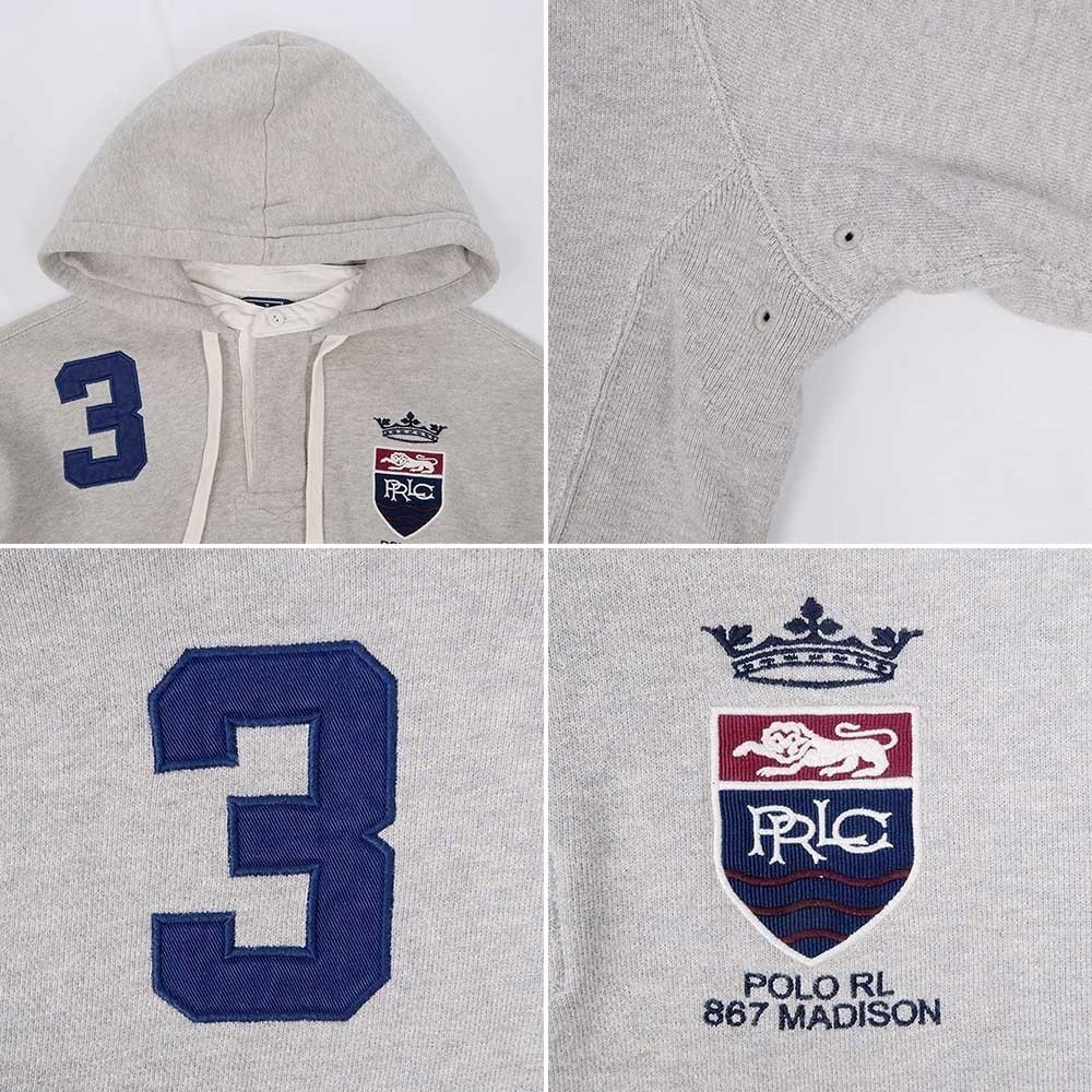 Vtg 90's Polo Ralph Lauren Gray Rugby Hoodie L 867 Madison Crest RL Big #3 thick